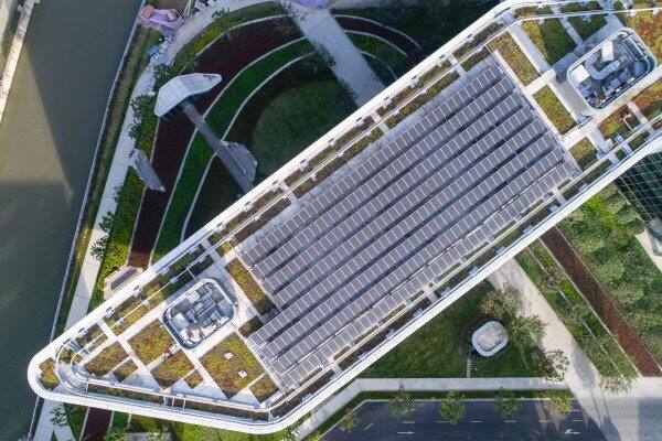 Aerial view of a terrace installed with solar panels