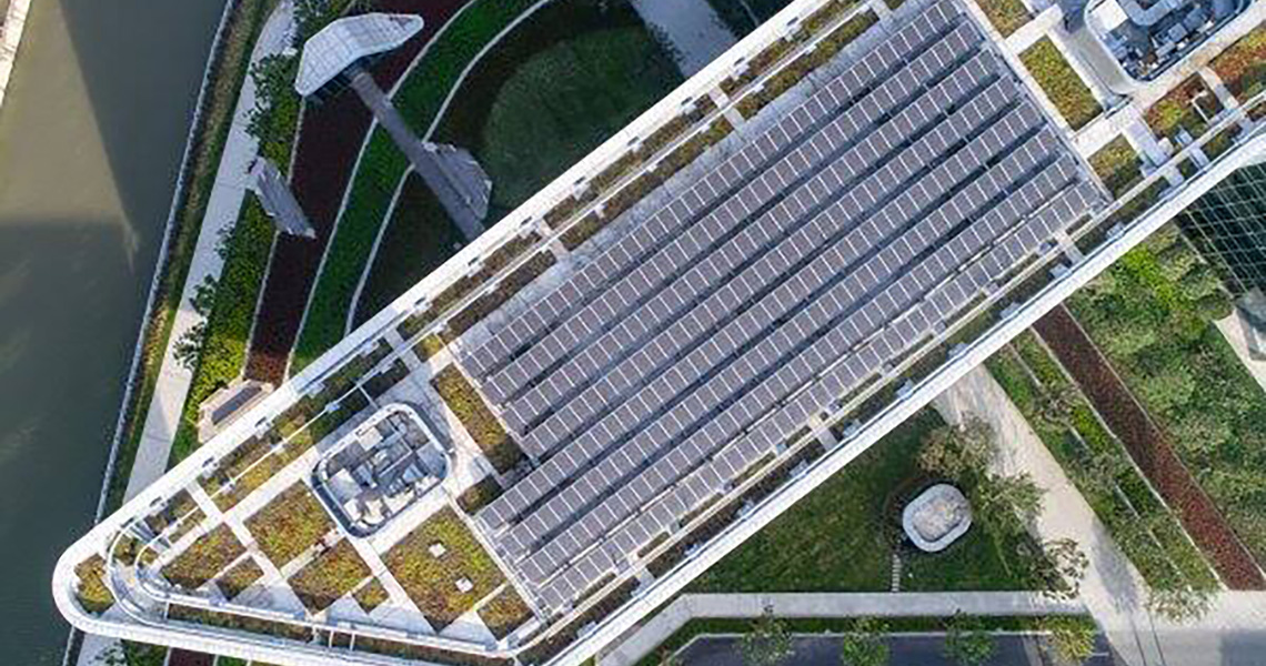 Aerial view of a terrace installed with solar panels