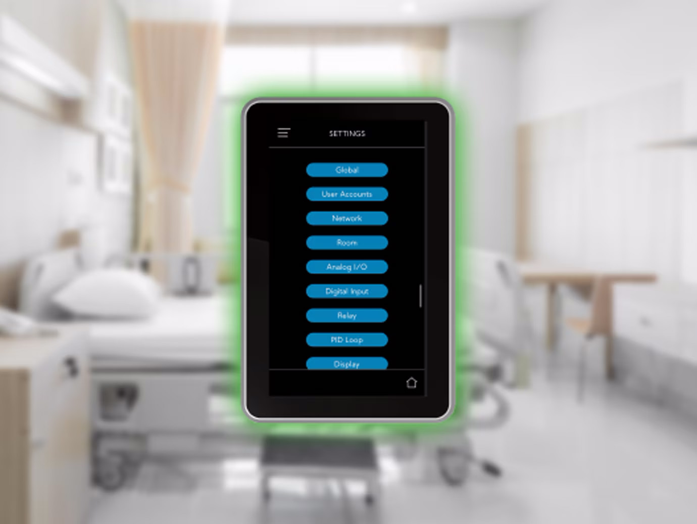 A device displaying room settings overlaid over a hospital room