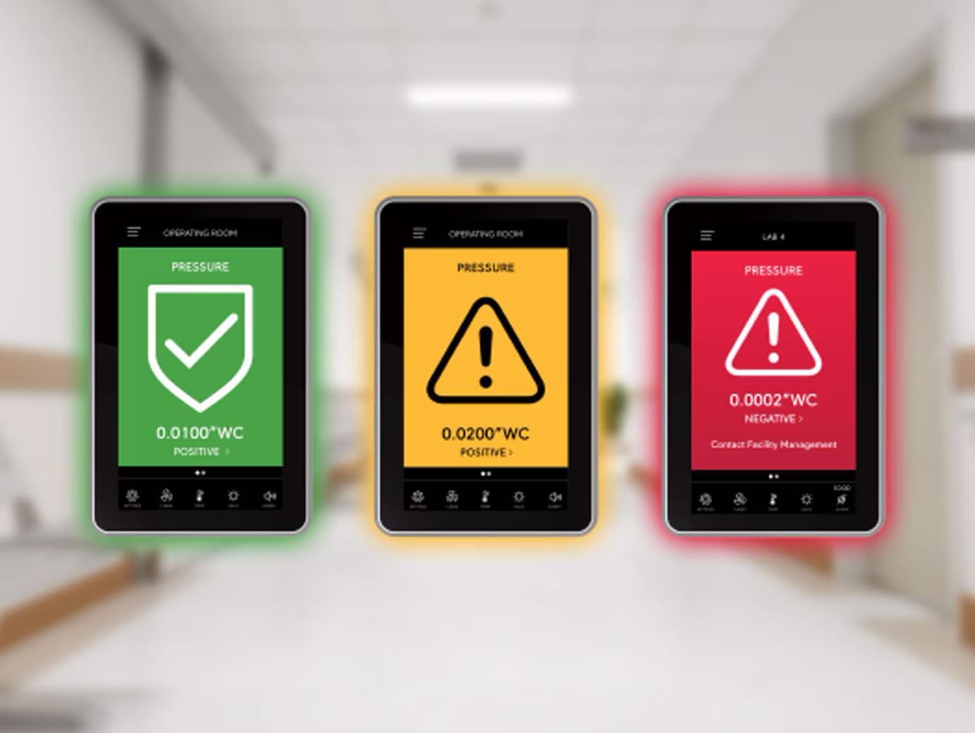 Three mobiles displaying temperature seetings, overlaid over a hospital passage