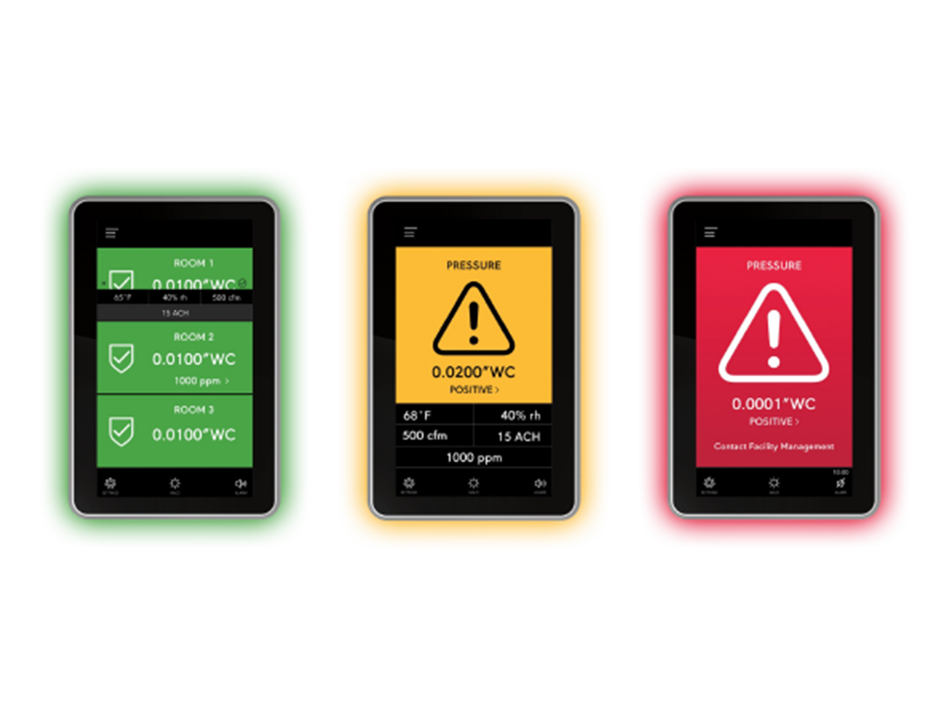 Three monitors displaying pressure settings, with one displaying it in green, and the other two in yellow and red
