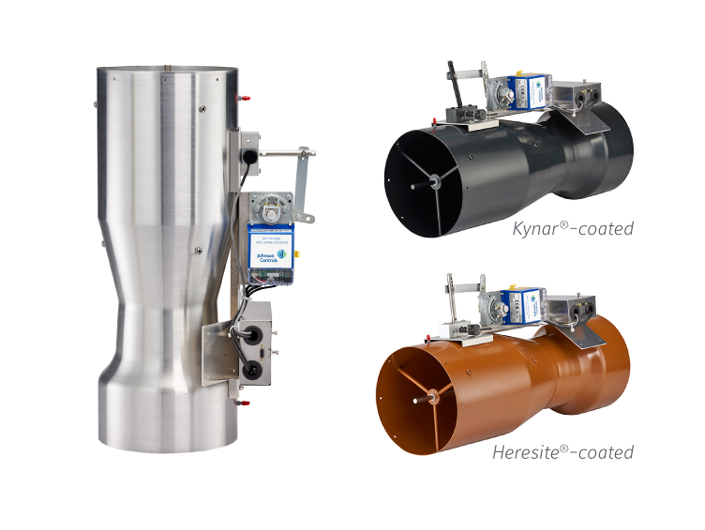 A venturi valve alongside two other ones with Heresite and Kynar coatings