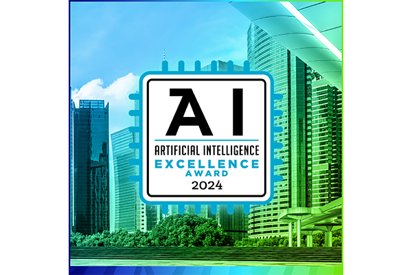 AI excellence award with the blur blue background of the skyscrapers